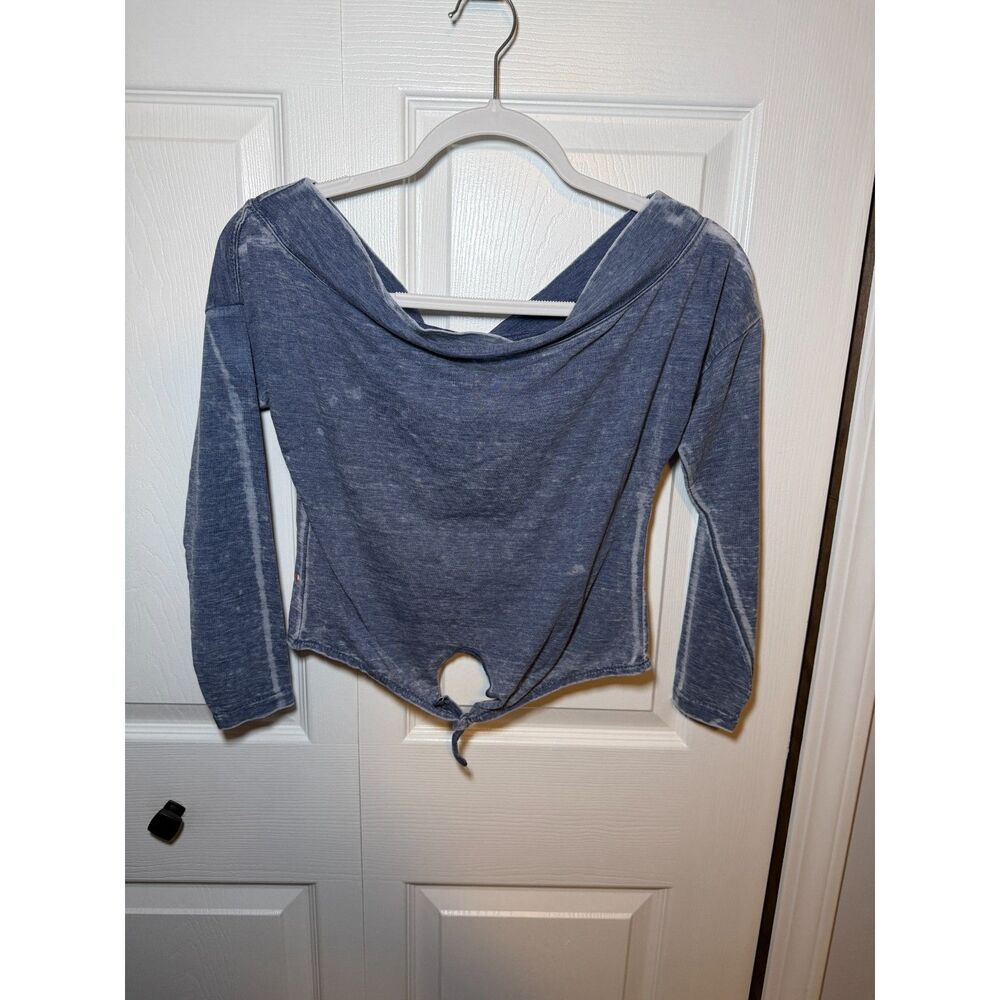 Exist Vintage Tee Women's Blue Tie Front Long Sleeve Crop Top Size S NWT
